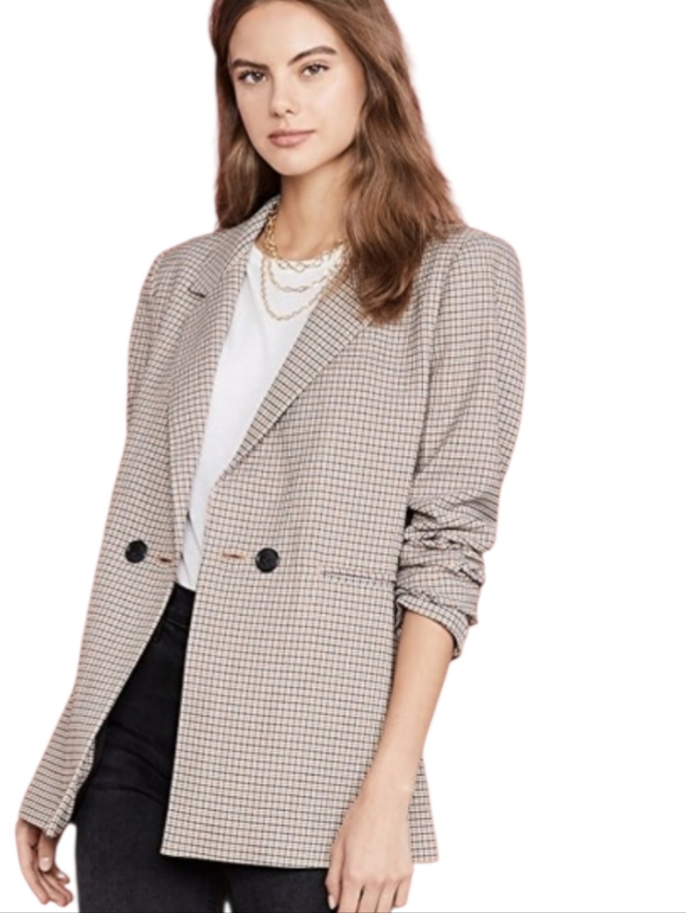 Anine Bing Madeline Beige Houndstooth Double-Button Blazer Size L